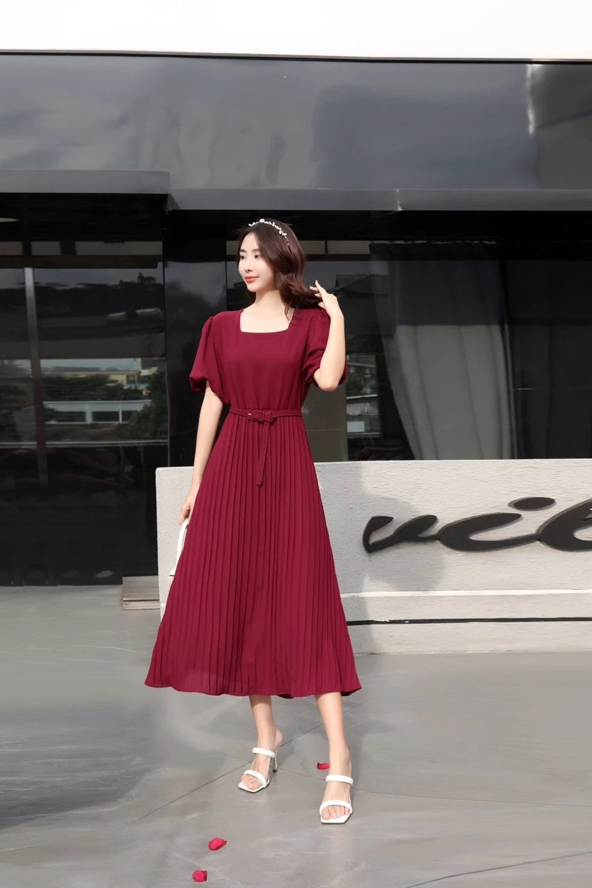 Squareneck Pleated Dress