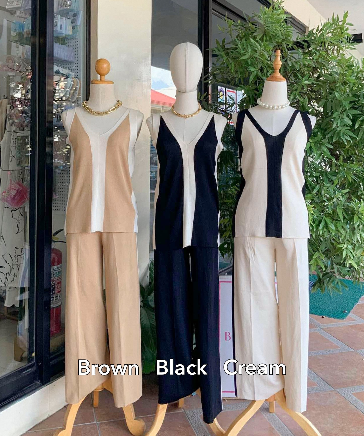 Two Tones Sleeveless Knitted Pants Coordinates