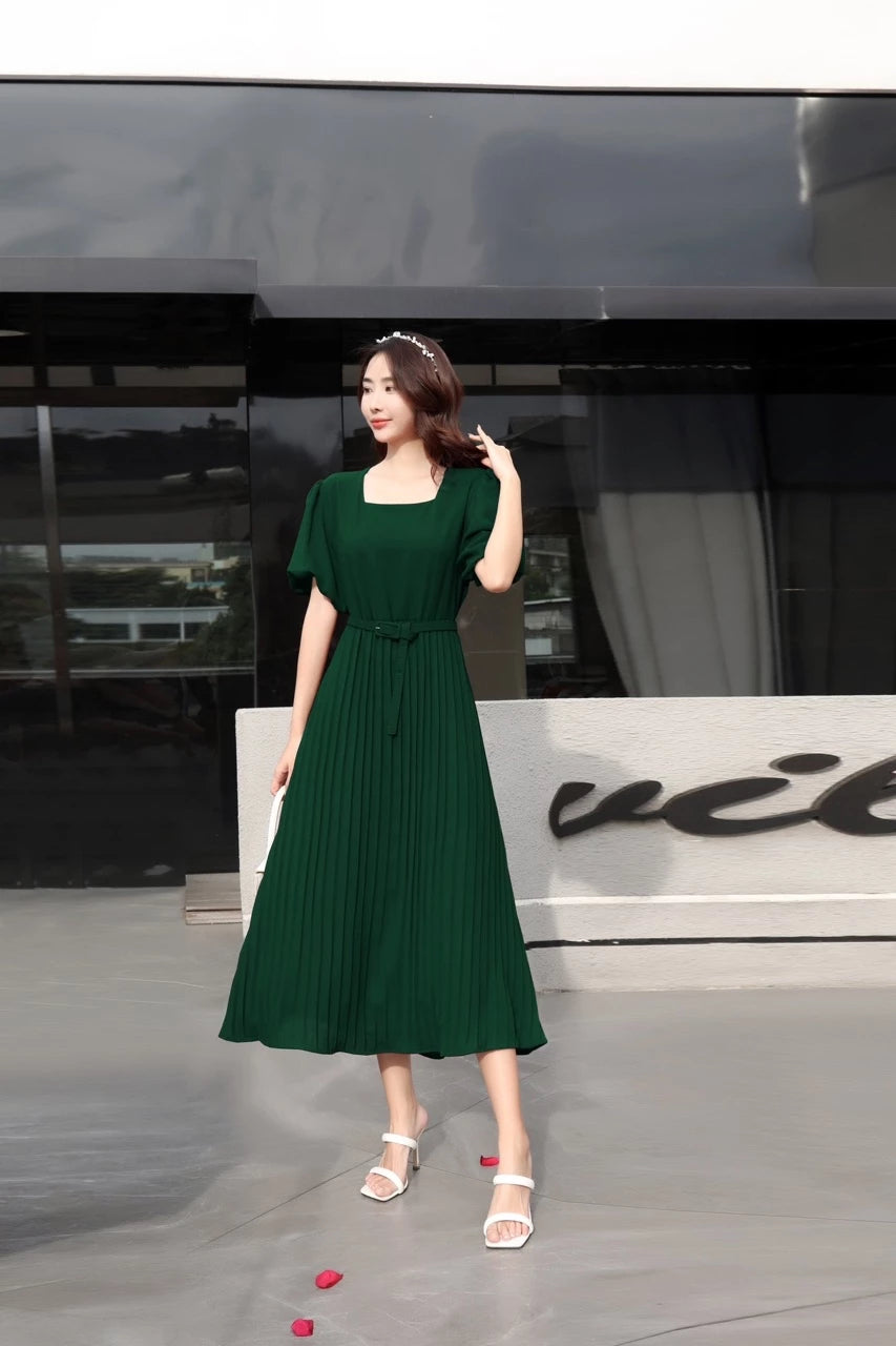 Squareneck Pleated Dress