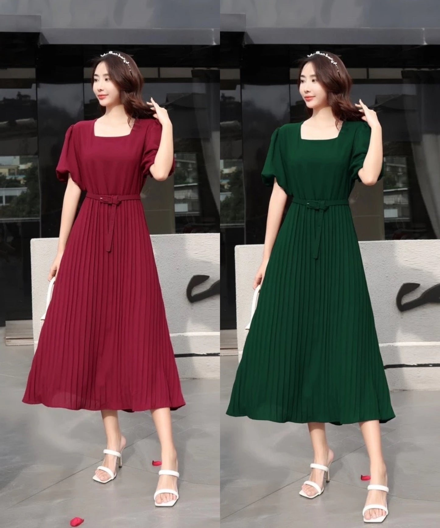 Squareneck Pleated Dress
