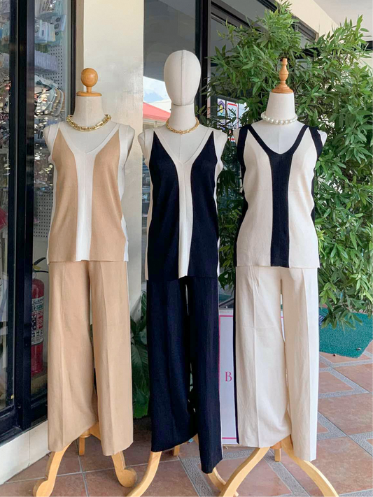 Two Tones Sleeveless Knitted Pants Coordinates
