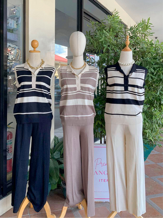 Striped Collared Knitted Pants Coordinates